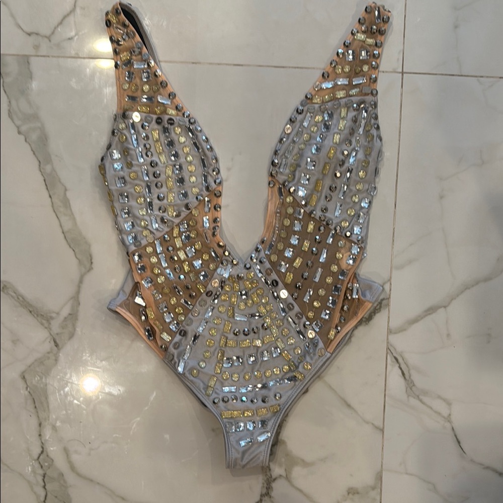 Embellished Bodysuit with Silver and Gold Accents